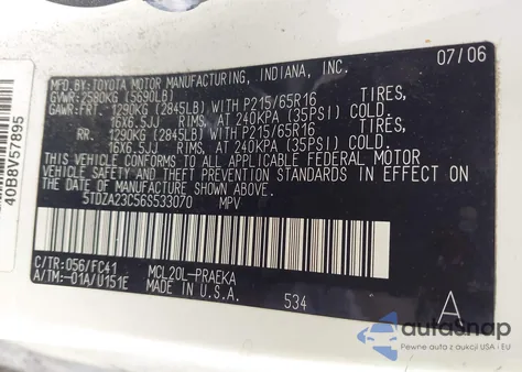 2006 Toyota Sienna Le z USA, uszkodzony, nr VIN 5TDZA23C56S533070